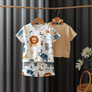 Toddler boys' white t-shirt and shorts with lion and elephant animal print.